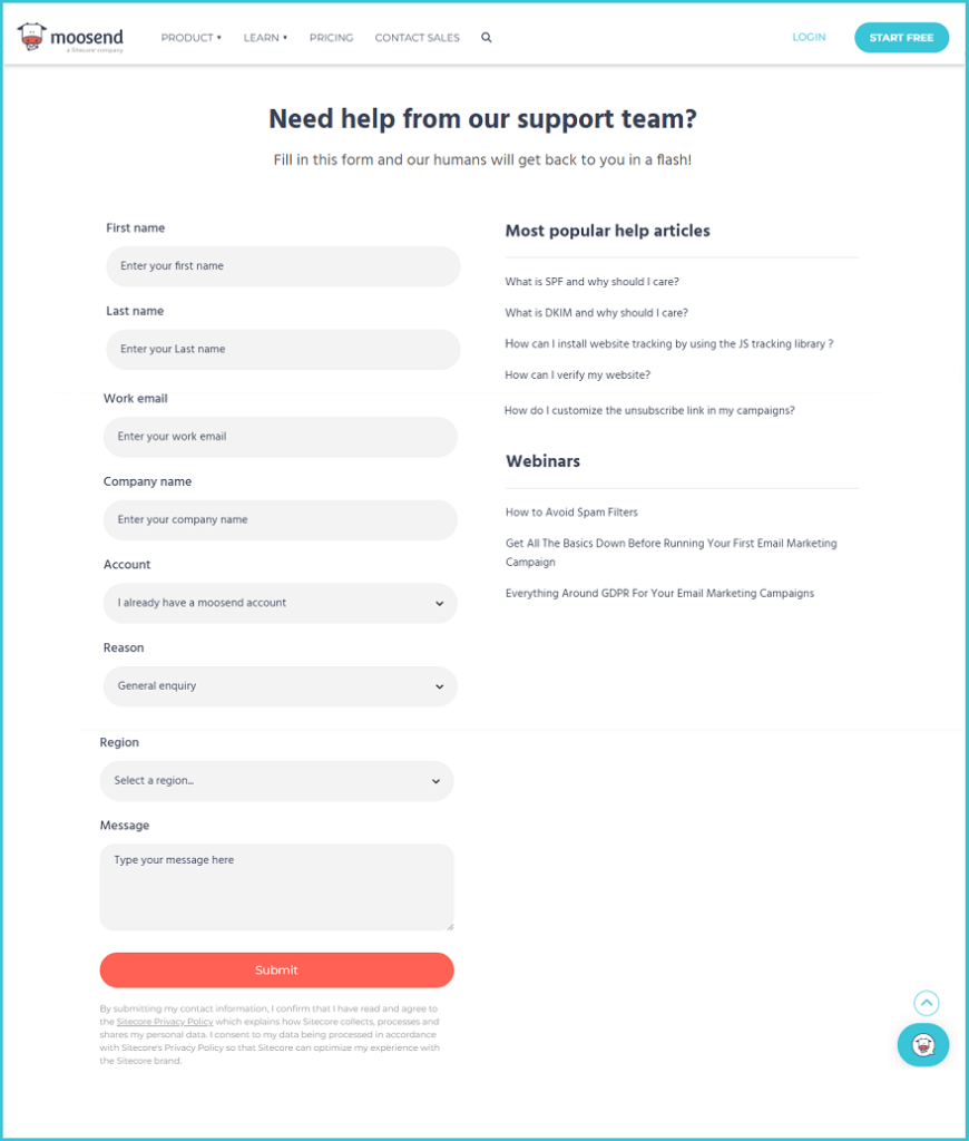 Moosend Contact Support Form