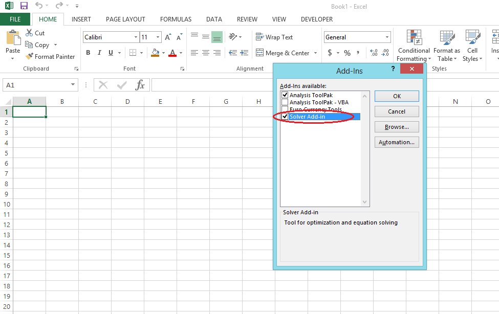 Excel Solver Add in - Manage Add ins
