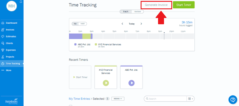 FreshBooks Time Tracking Generate Invoice