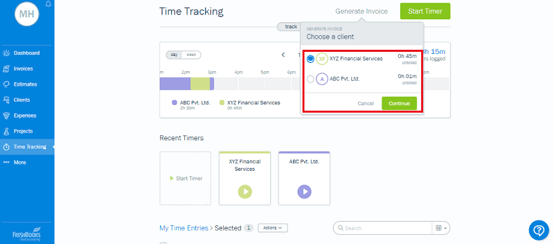 Freshbooks Time Tracking Generate Invoice Project