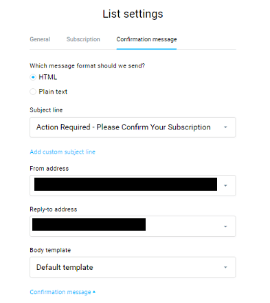 GetResponse - Contact List - Settings-Confirmation Message