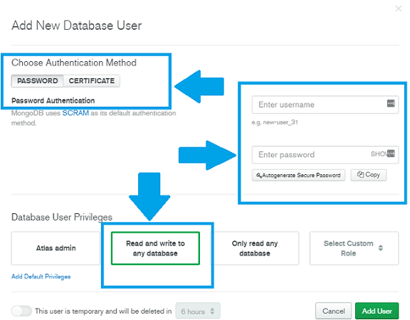 Atlas Enter Database Username and Password