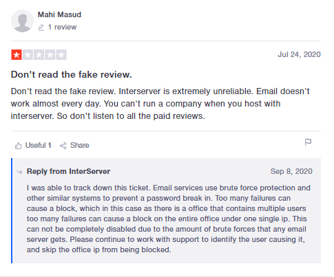 InterServer - Negative Review - Email Problem