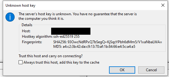 FileZilla Unknown Host Key Message