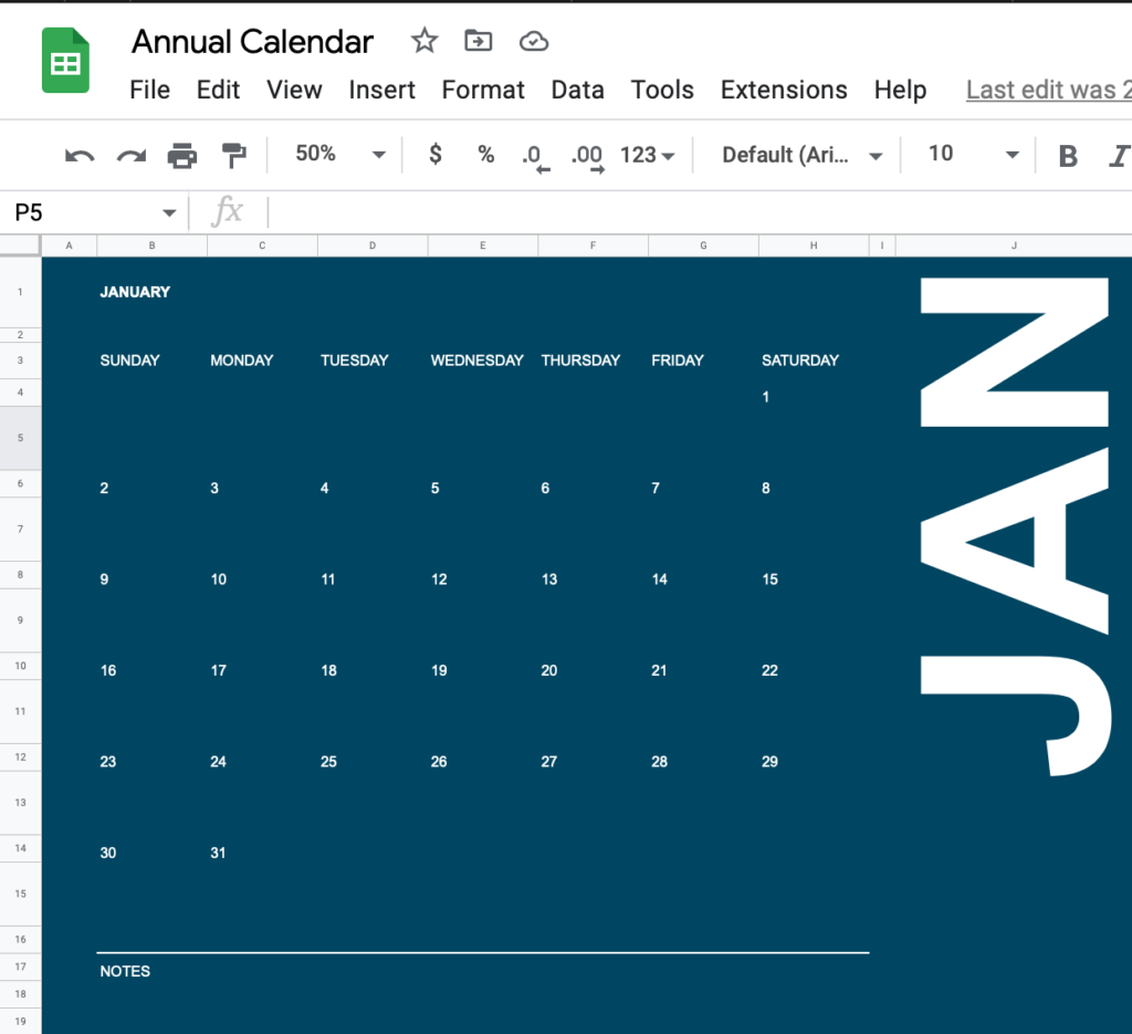 Google Sheets - Default Annual Calendar Template